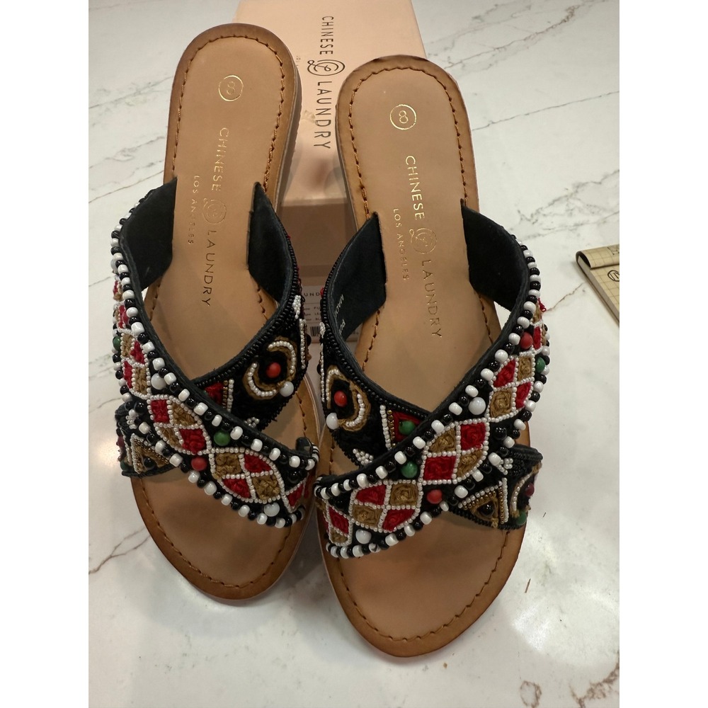 Chinese Laundry Black and Red Purfect Beaded Slide Sandal Size 8